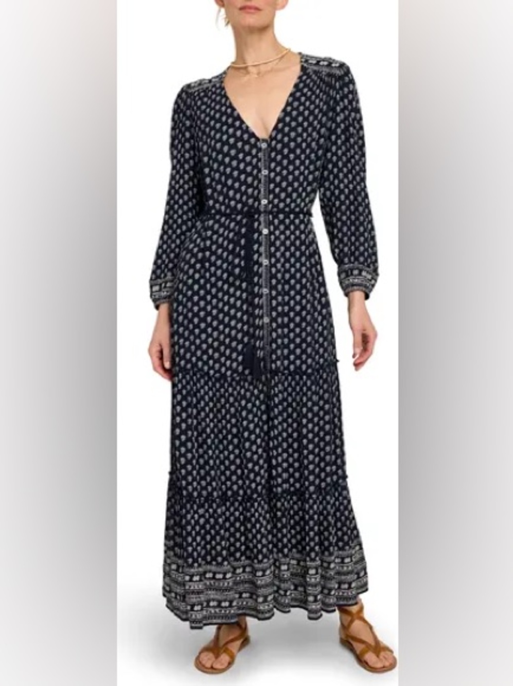 Faherty Orinda Maxi Dress Navy Coastal Grandma Tie Waist Small
